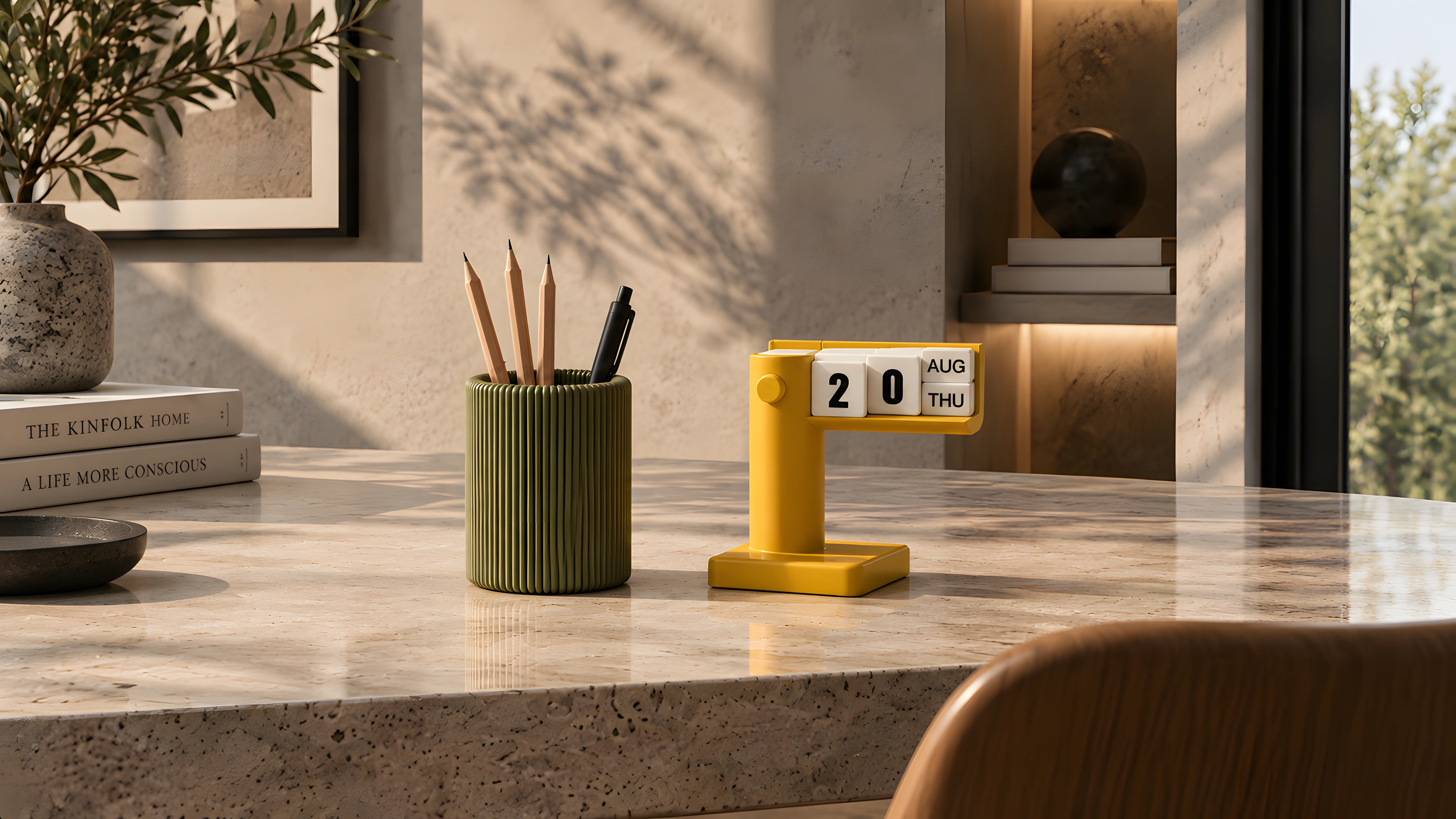 Lapicero Estría verde y calendario TEMPO amarillo sobre un escritorio de piedra iluminado por el sol.