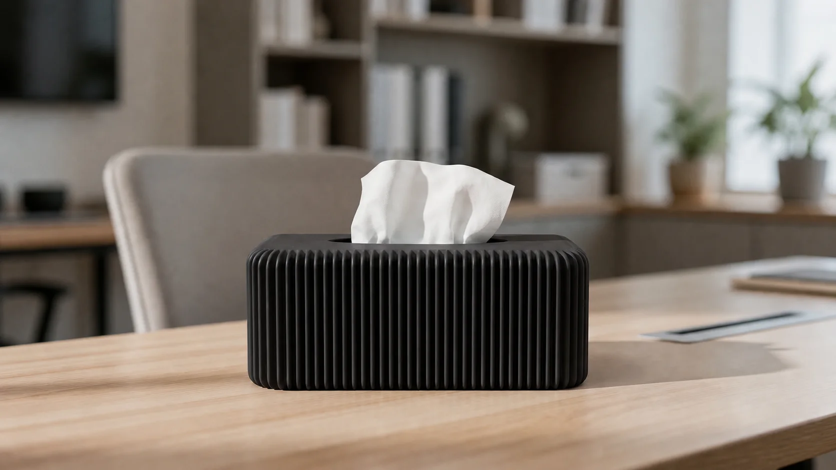 Cubrepañuelos Estría oscuro sobre un escritorio con una silla y libreros al fondo.